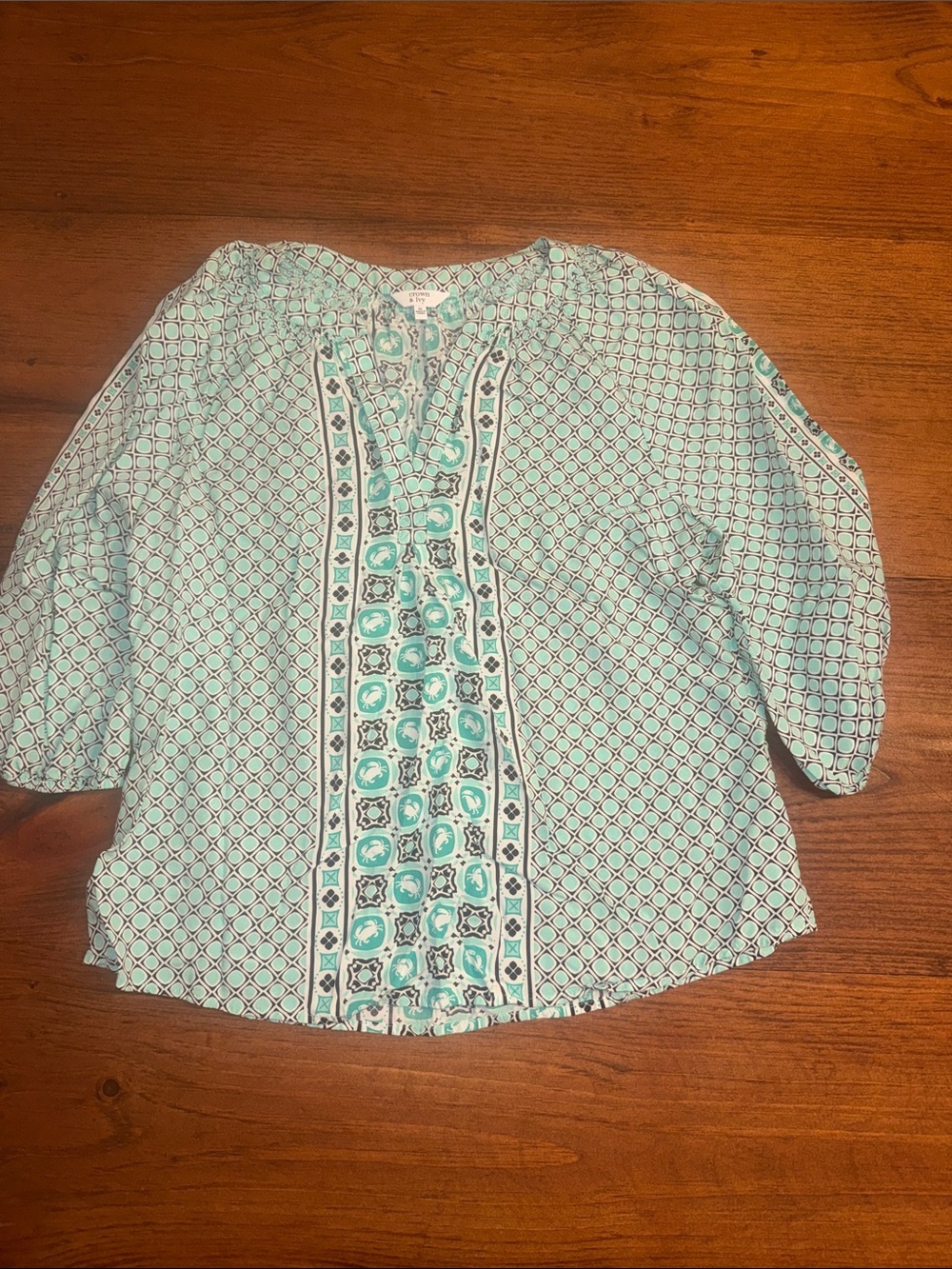 crown & ivy Teal and White Patterned Girls Blouse